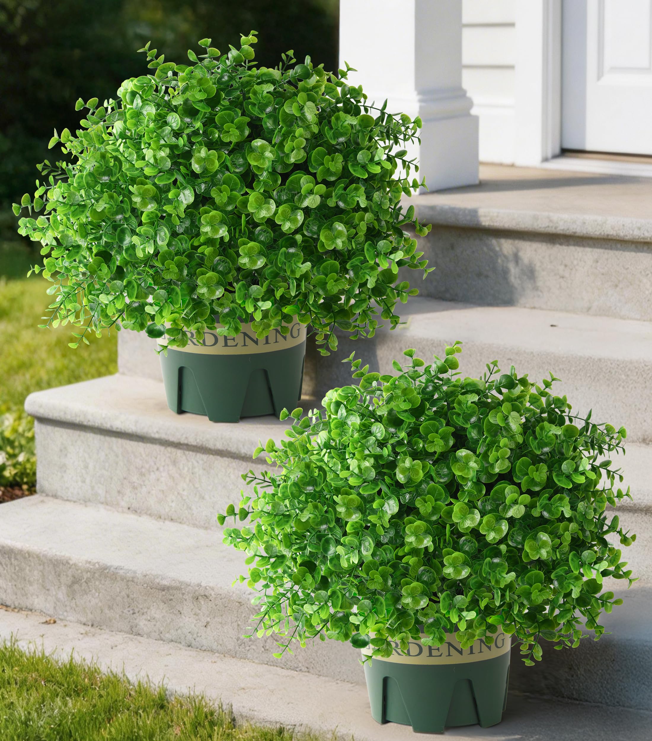 Florisso 2-pack artificial boxwood topiary trees at the front door for curb appeal.