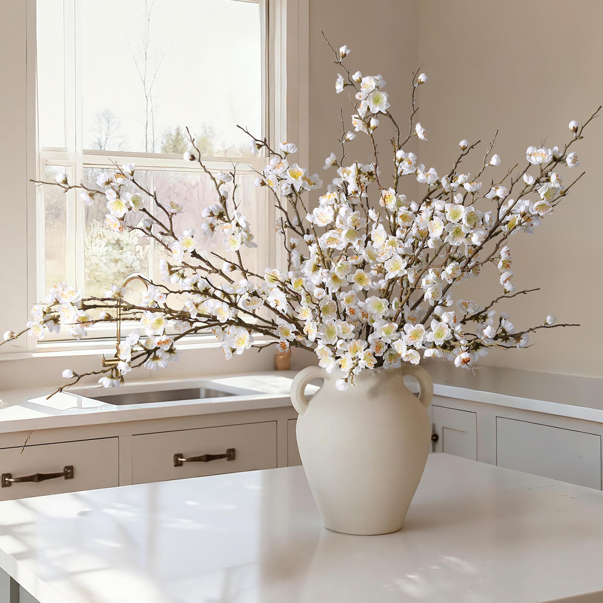 Florisso 34 inch artificial cherry blossom branch with white blooms for elegant decor