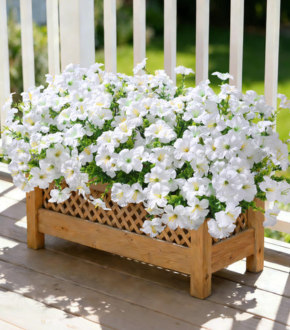 Florisso artificial morning glory with eucalyptus leaves in outdoor display for vibrant year-round color.