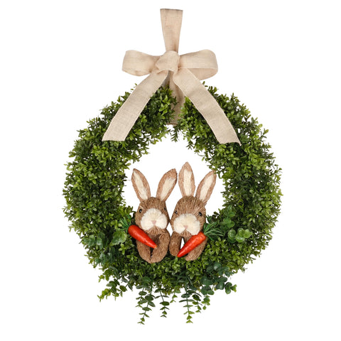 FLOROAD green boxwood wreath with Easter bunnies for a bright front door display.