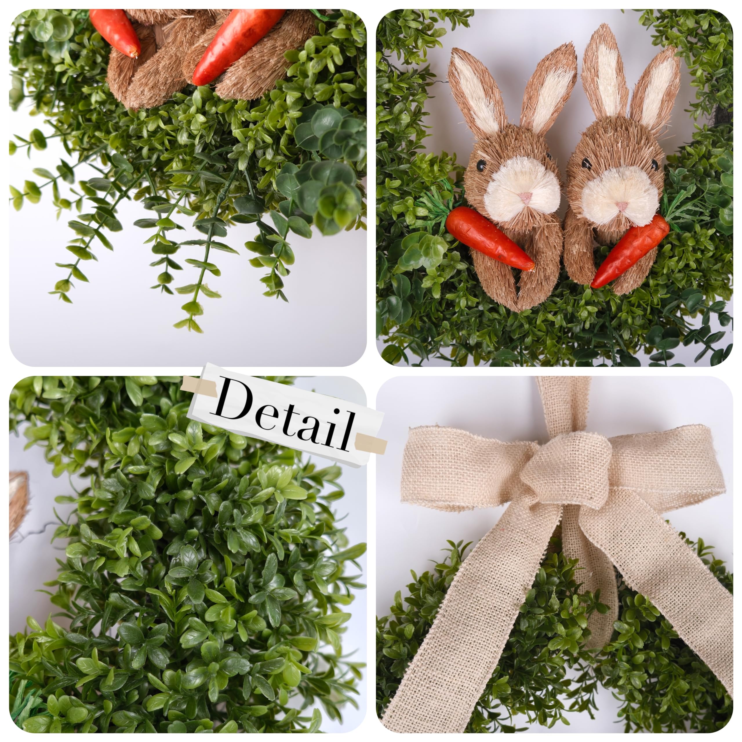 FLOROAD sisal bunnies wreath with carrots adds seasonal charm.