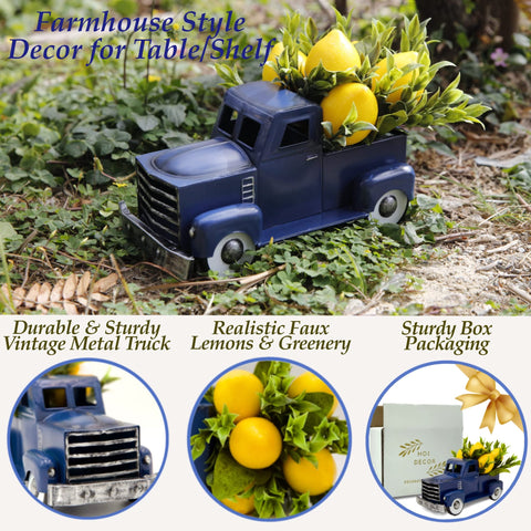 FLOROAD vintage blue truck with faux lemons enhances kitchen table decor