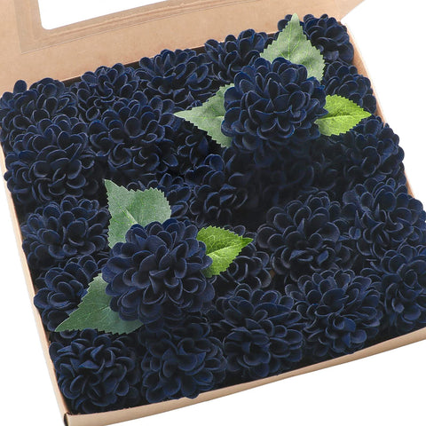Floroom artificial dahlia flowers 25pcs navy blue foam stems, perfect for DIY bouquets.