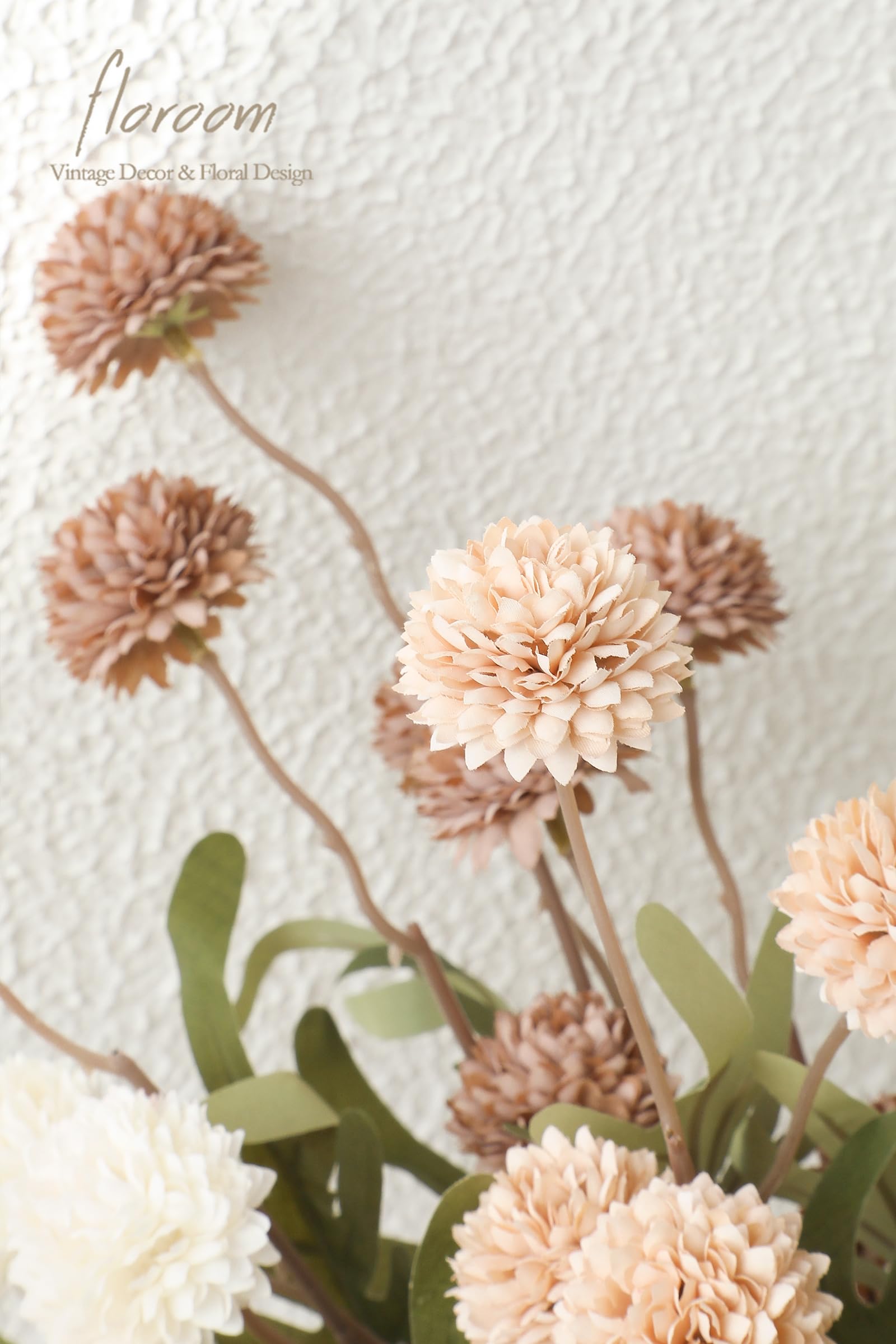 Floroom faux silk mums closeup showcases realistic petals and soft color.