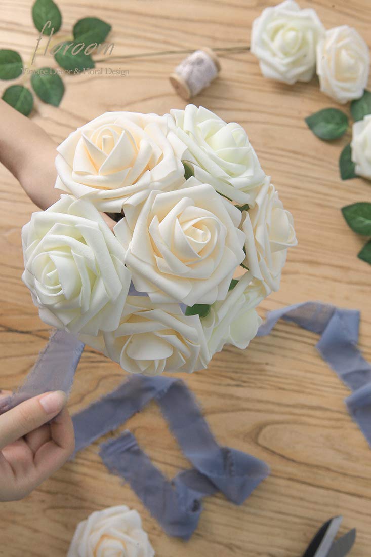 Floroom ivory foam rose with leaves adds greenery to arrangements.