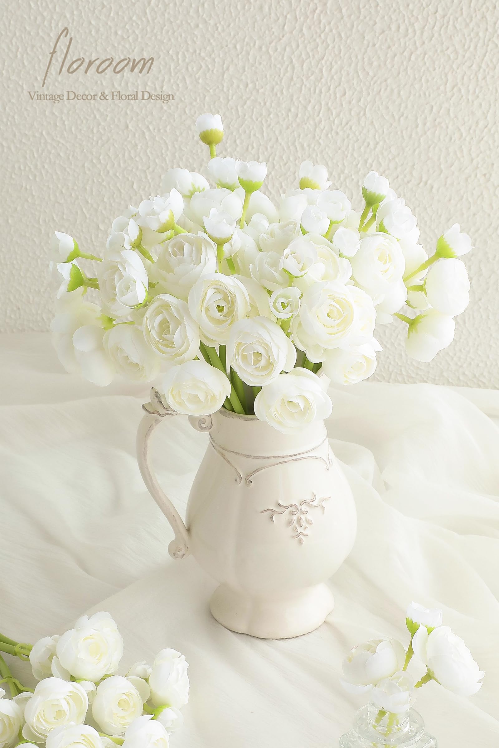 Floroom ivory ranunculus stems for DIY centerpieces with realistic petals.