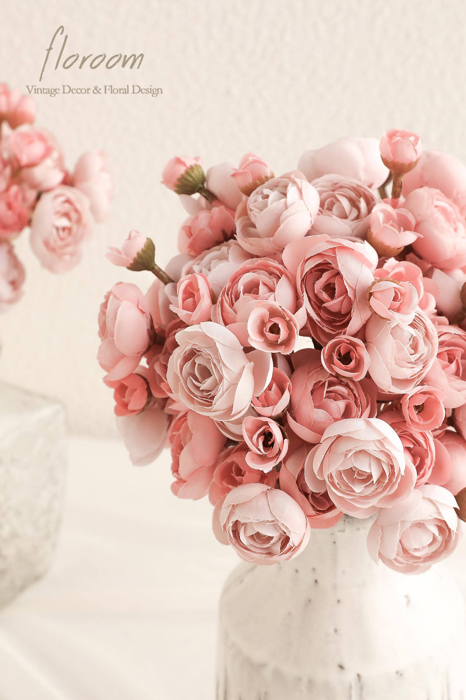 Floroom dusty rose ranunculus used in a table centerpiece for lasting decor.