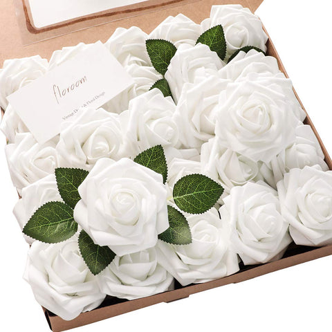 Floroom white foam rose close-up with realistic petals for wedding bouquets.