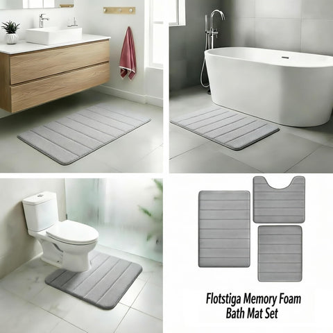 Flotstiga memory foam mat set placed in kitchen or hallway for coverage.