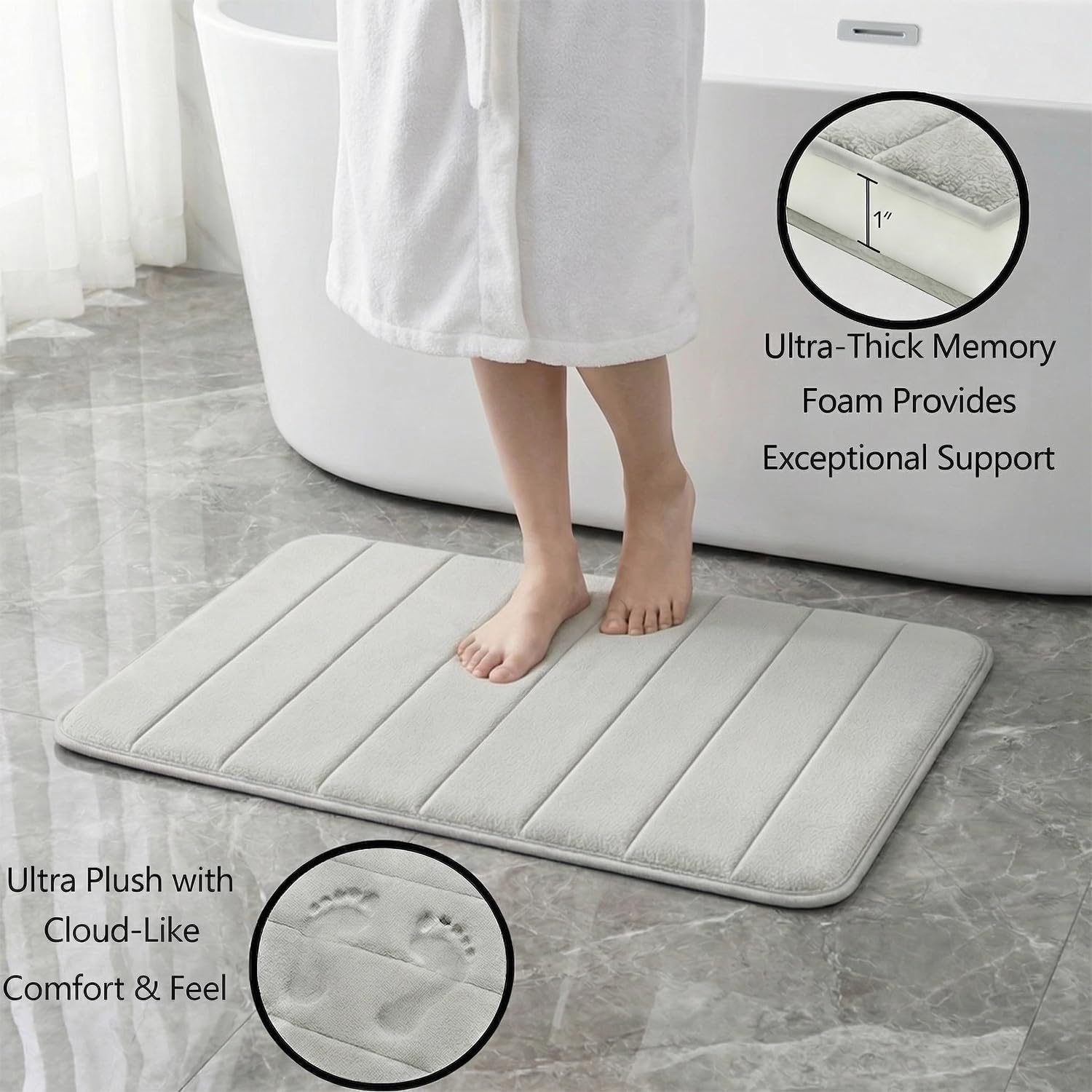 Flotstiga memory foam mats with non-slip backing shown on clean, dry floor.