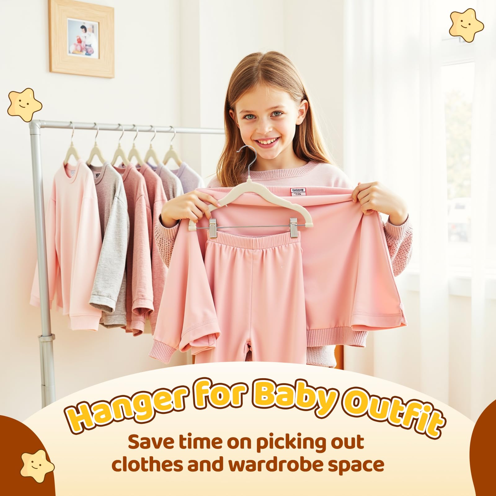 Slim velvet hangers help keep the baby wardrobe organized and accessible.