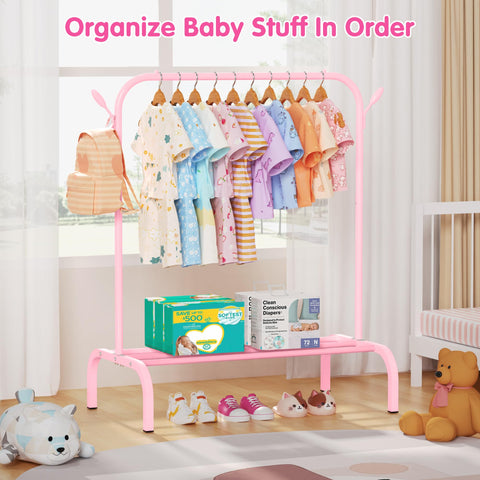FLOUREE clothing rack featuring storage shelf and hooks for shoes, bags, and toys