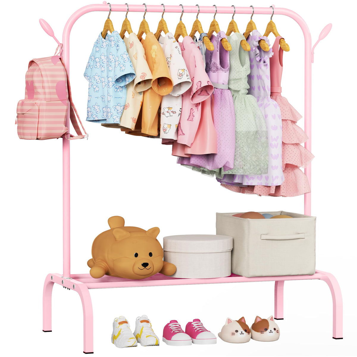 FLOUREE upgraded kids clothing rack in pink, easy reach for little outfits