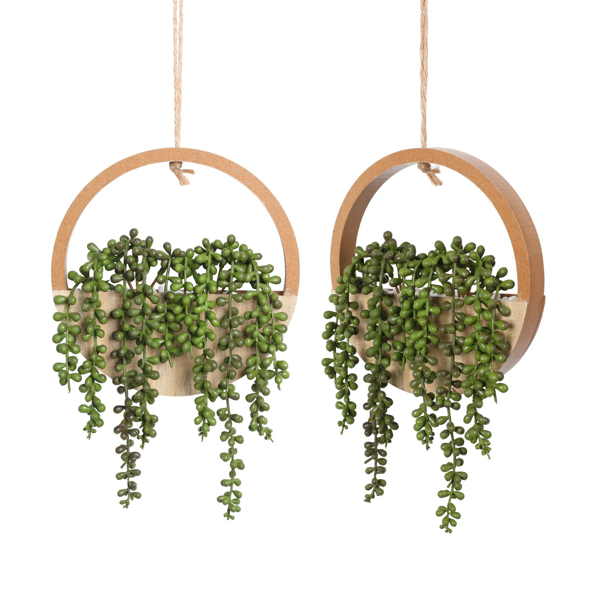 Floweroyal succulents hanging plant with pearls in a wooden planter, ideal for indoor decor.