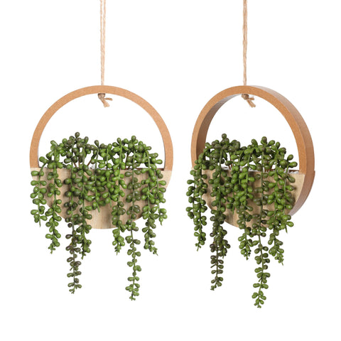 Floweroyal succulents hanging plant with pearls in a wooden planter, ideal for indoor decor.