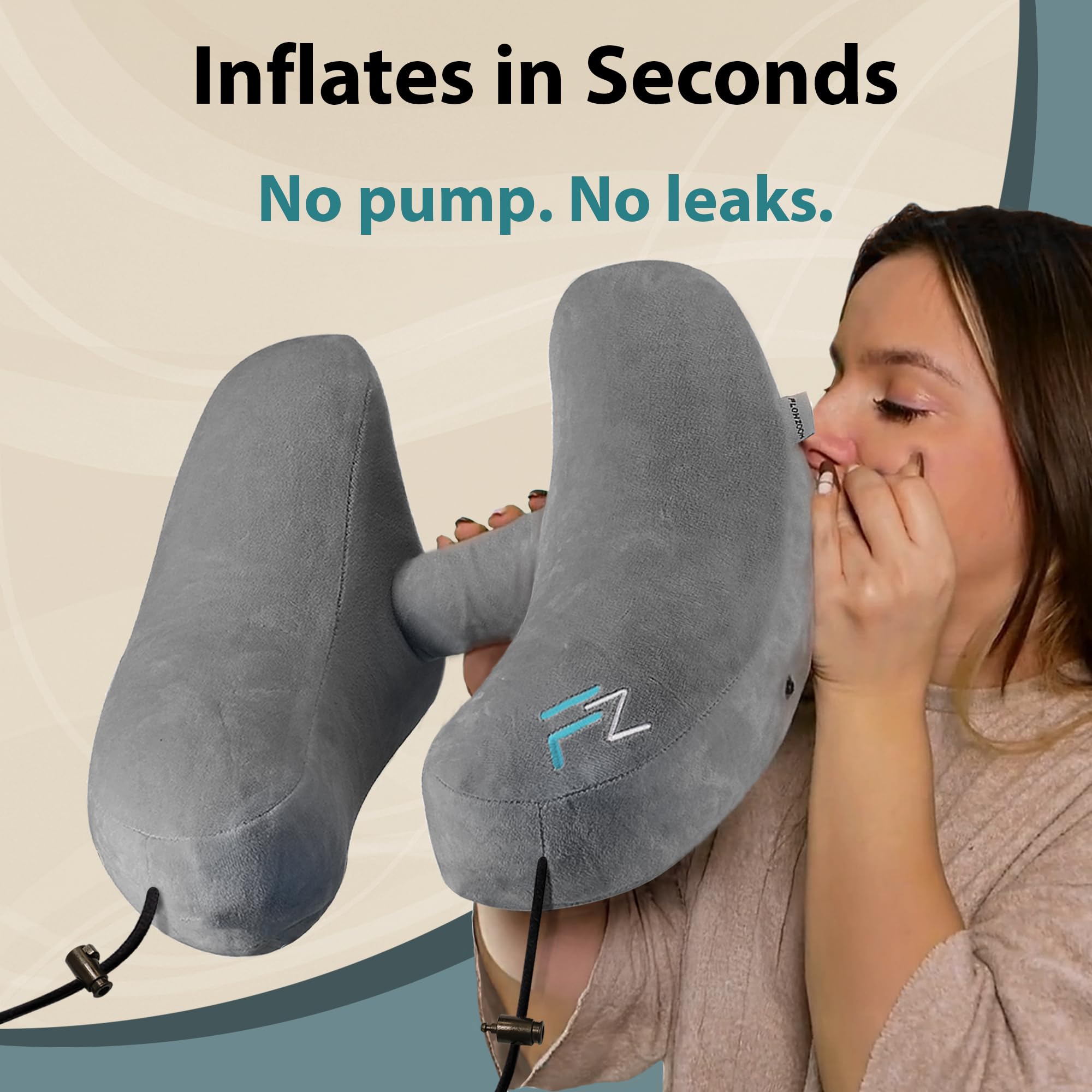 FLOWZOOM Air Pillow with 5 snooze modes for customizable travel rest.