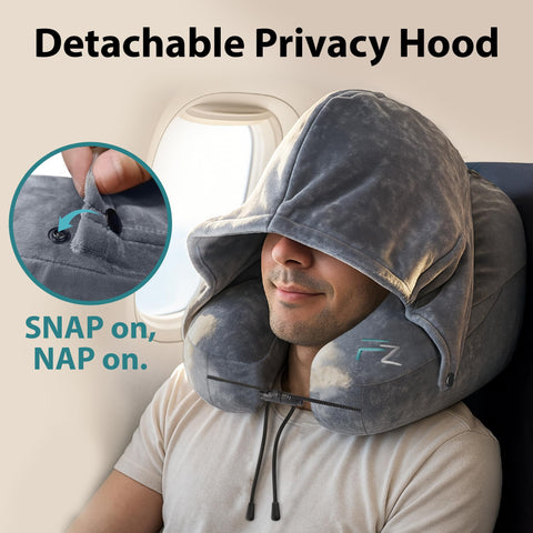 FLOWZOOM Air Pillow hooded clip-on cover blocks light for undisturbed rest.