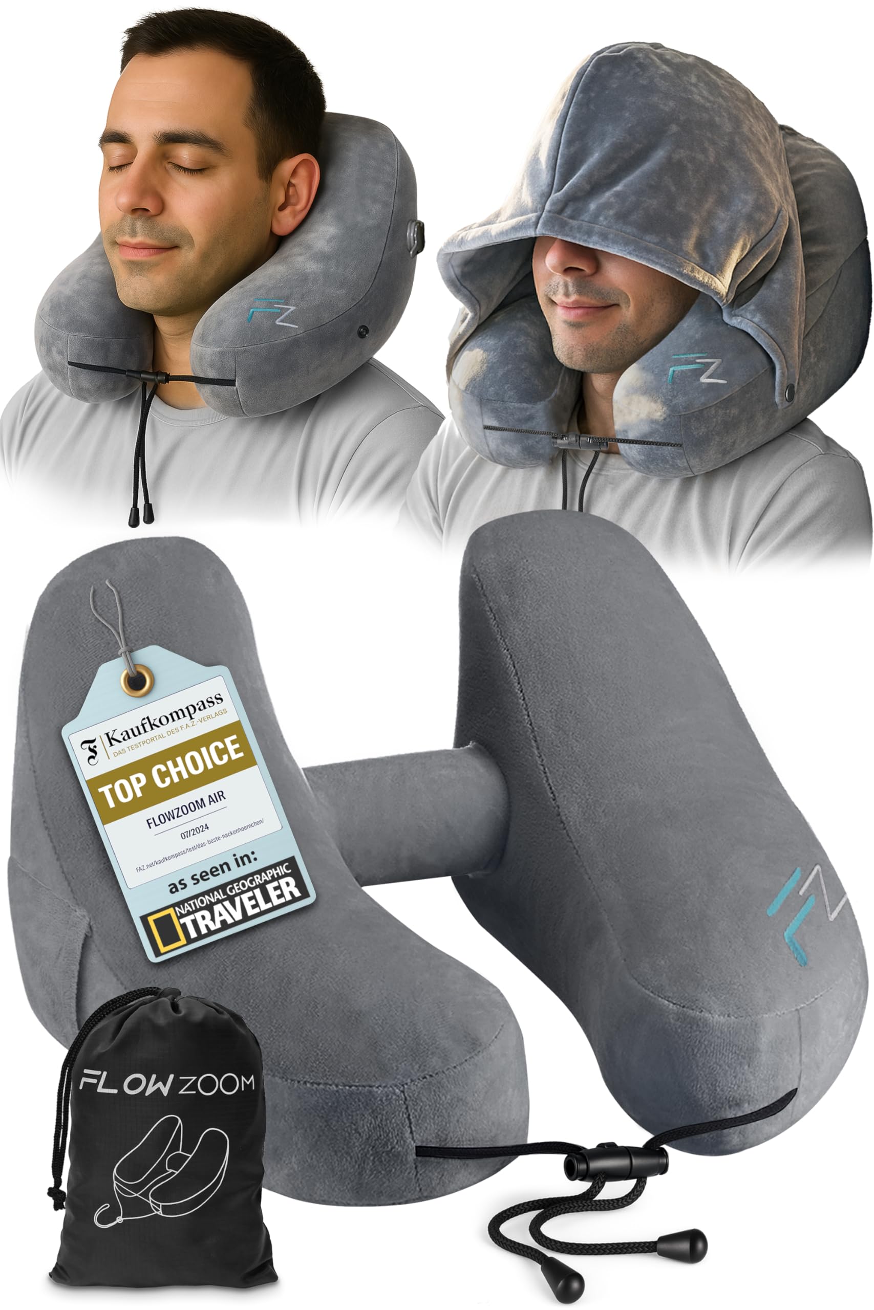 FLOWZOOM Air Pillow hooded design provides all-around neck support for plane naps.