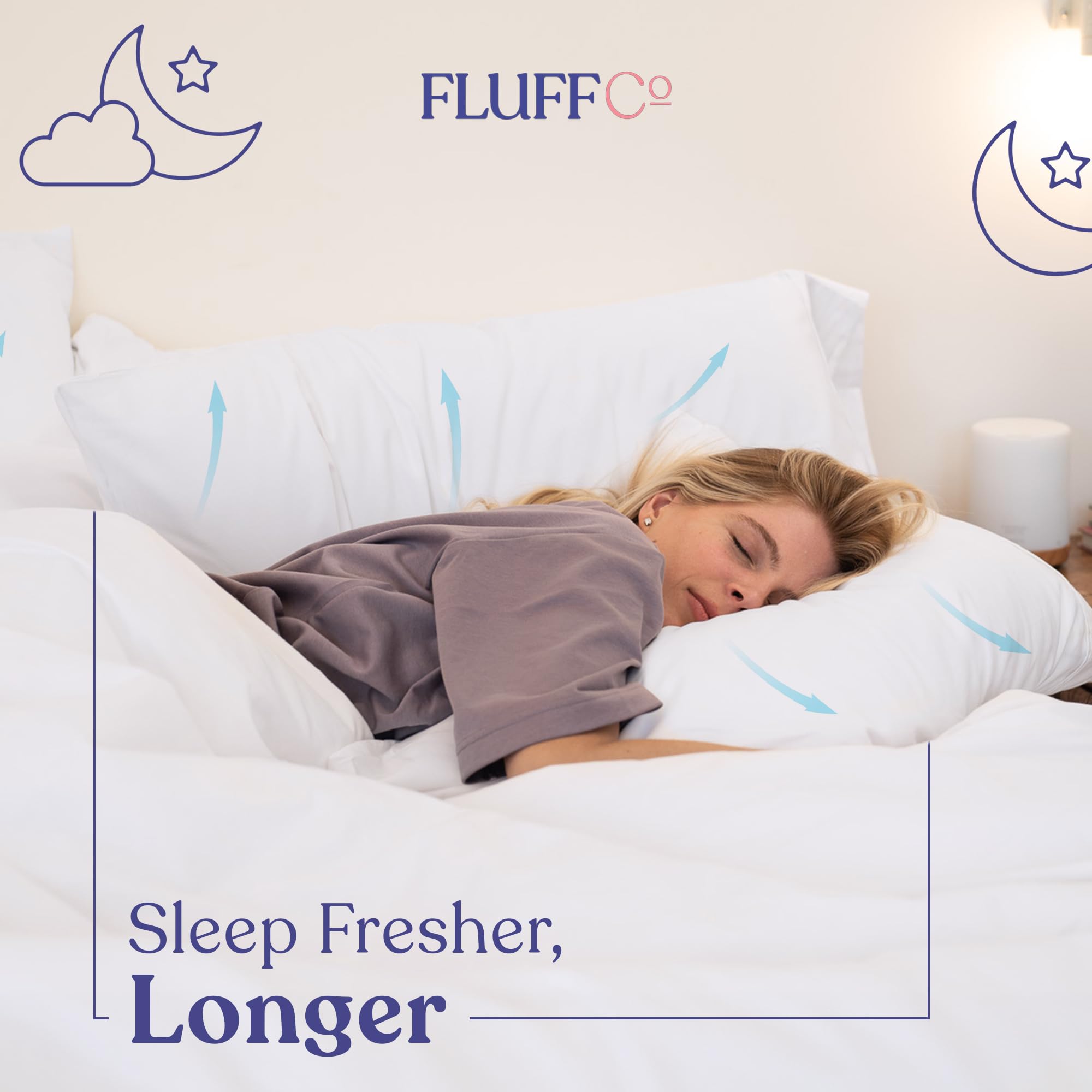 FluffCo Basics pillow durable sewn-on shell maintains fill distribution.