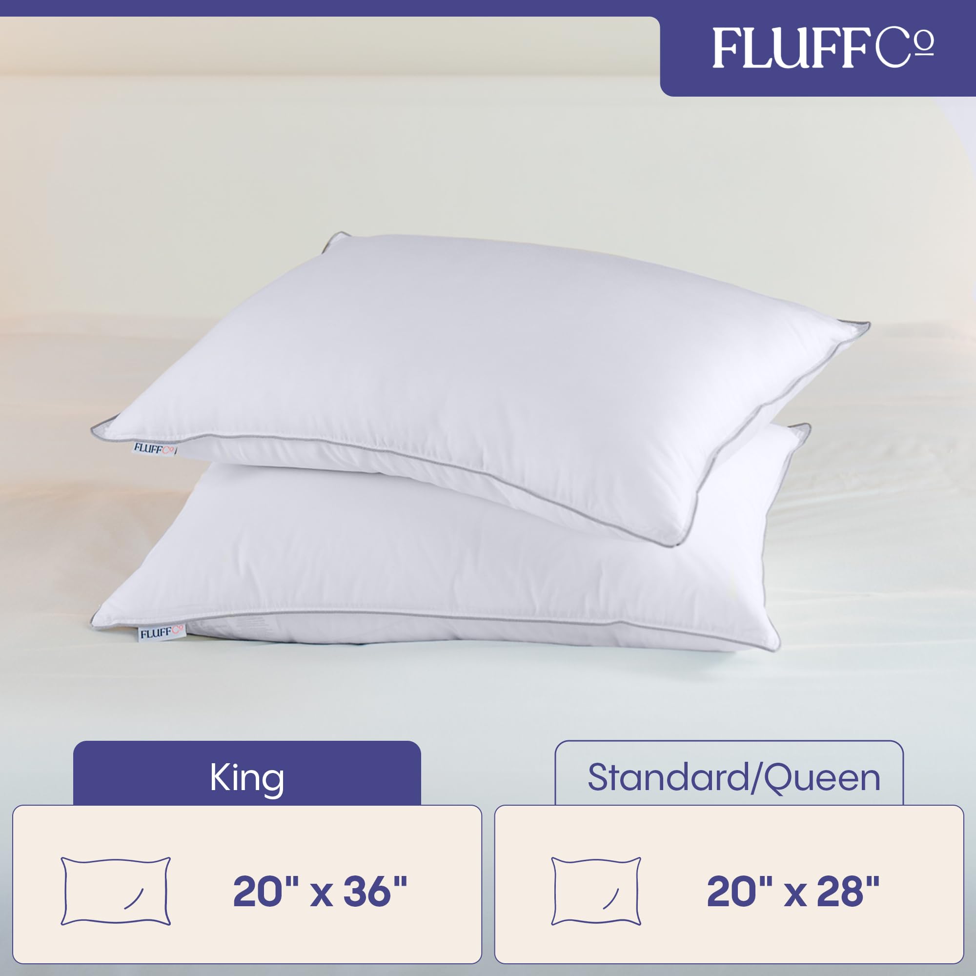 FluffCo pillows with durable double-needle stitching for lasting shape.