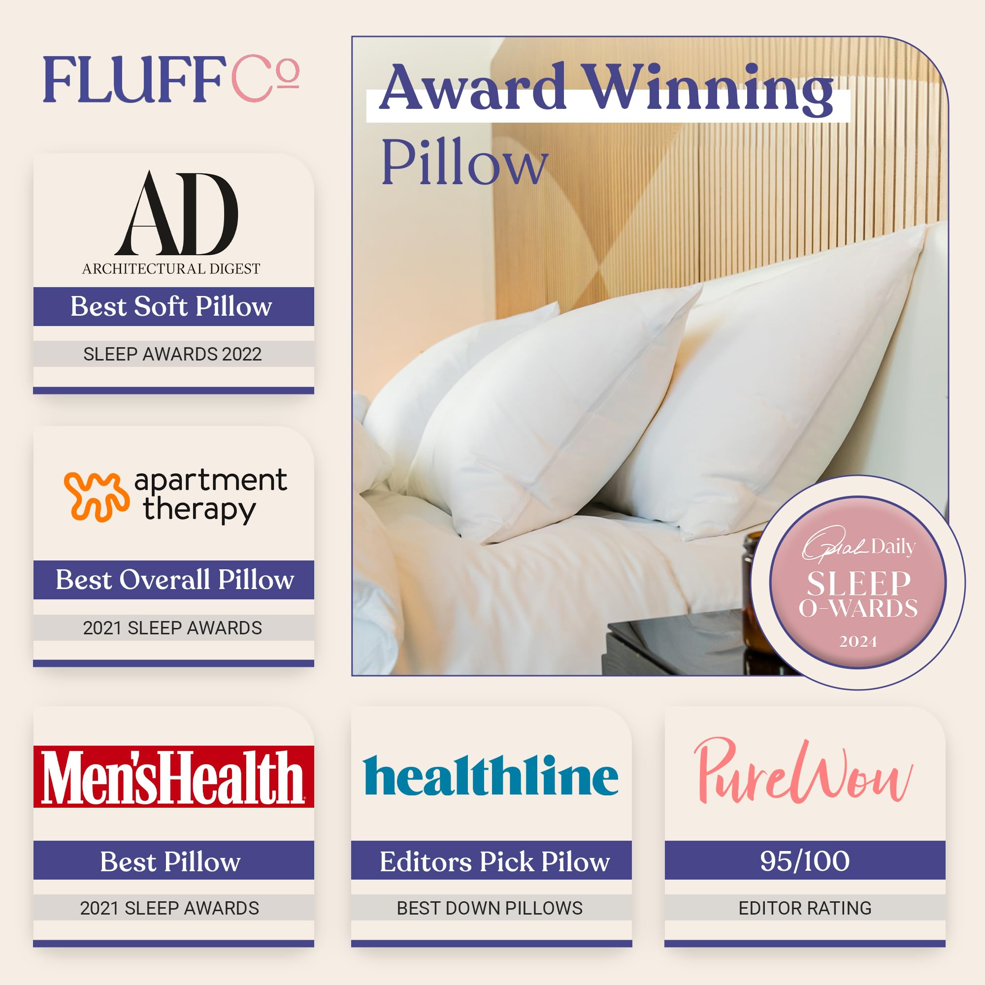FluffCo Zen Fluff pillow side view highlights loft for back and side sleepers.