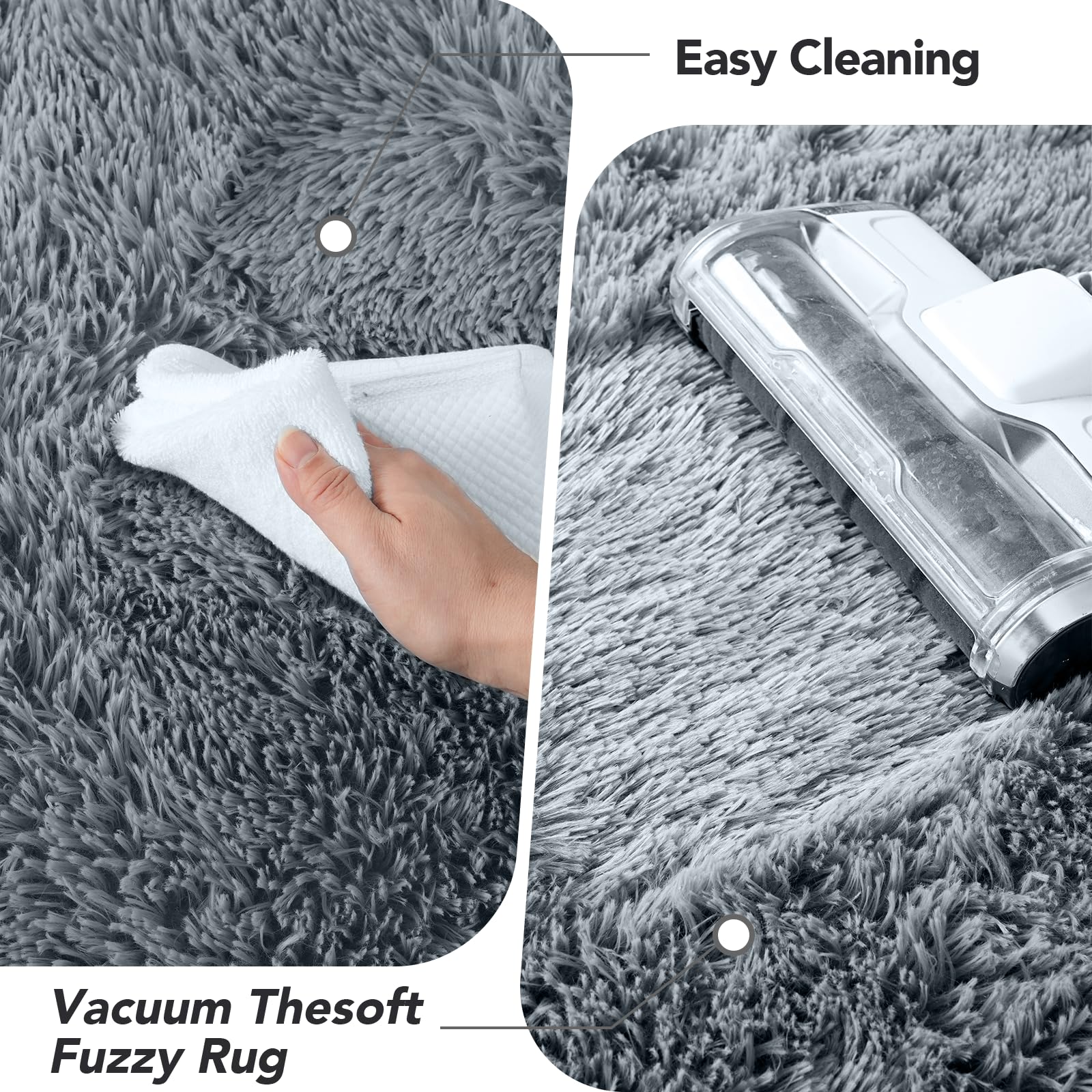 Fluffyrug easy-clean shag rug supports spot cleaning and daily care.