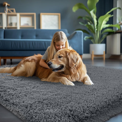 Fluffyrug grey shag rug adds cozy texture to living rooms.