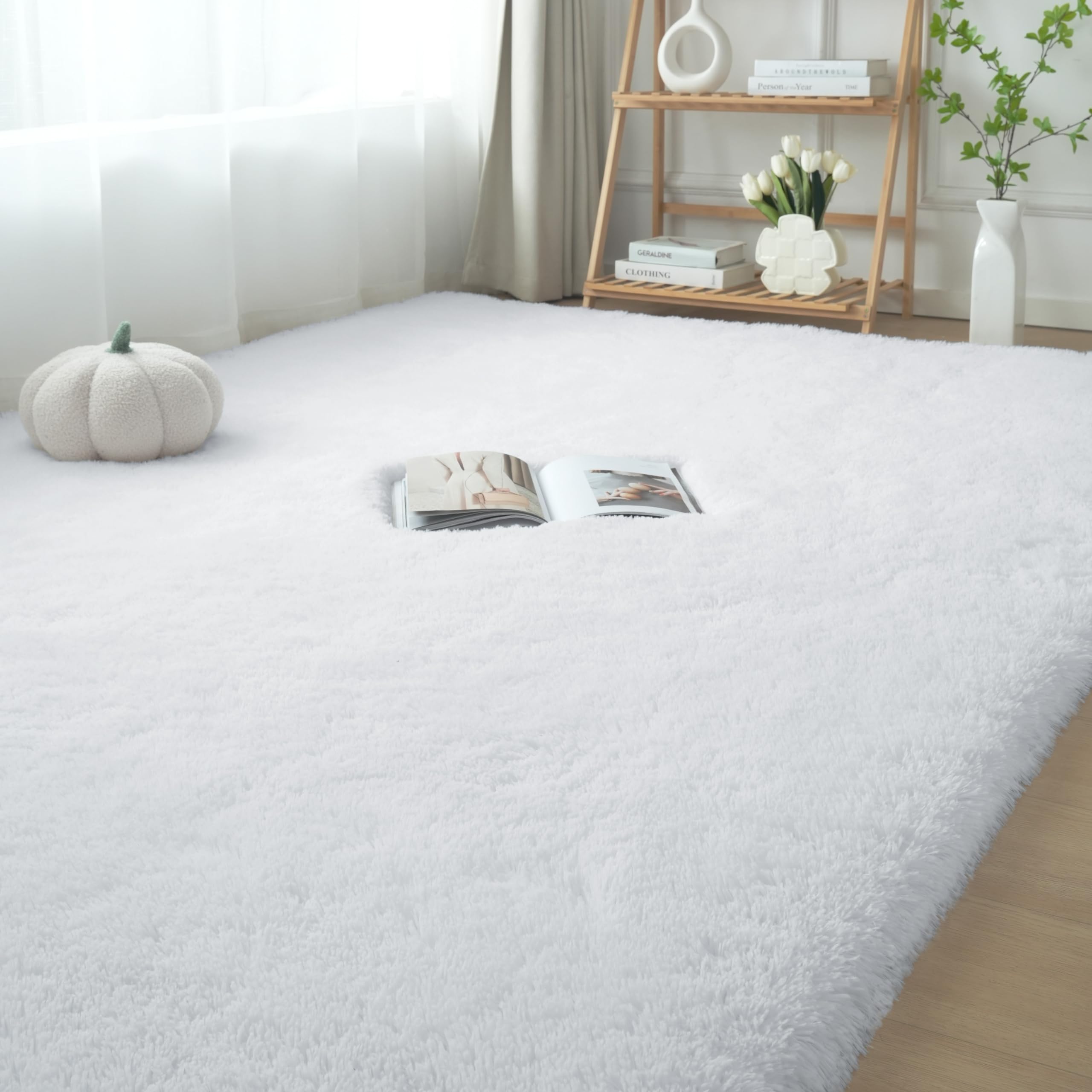 Fluffyrug white fluffy rug for bedroom with plush texture that enhances warmth.