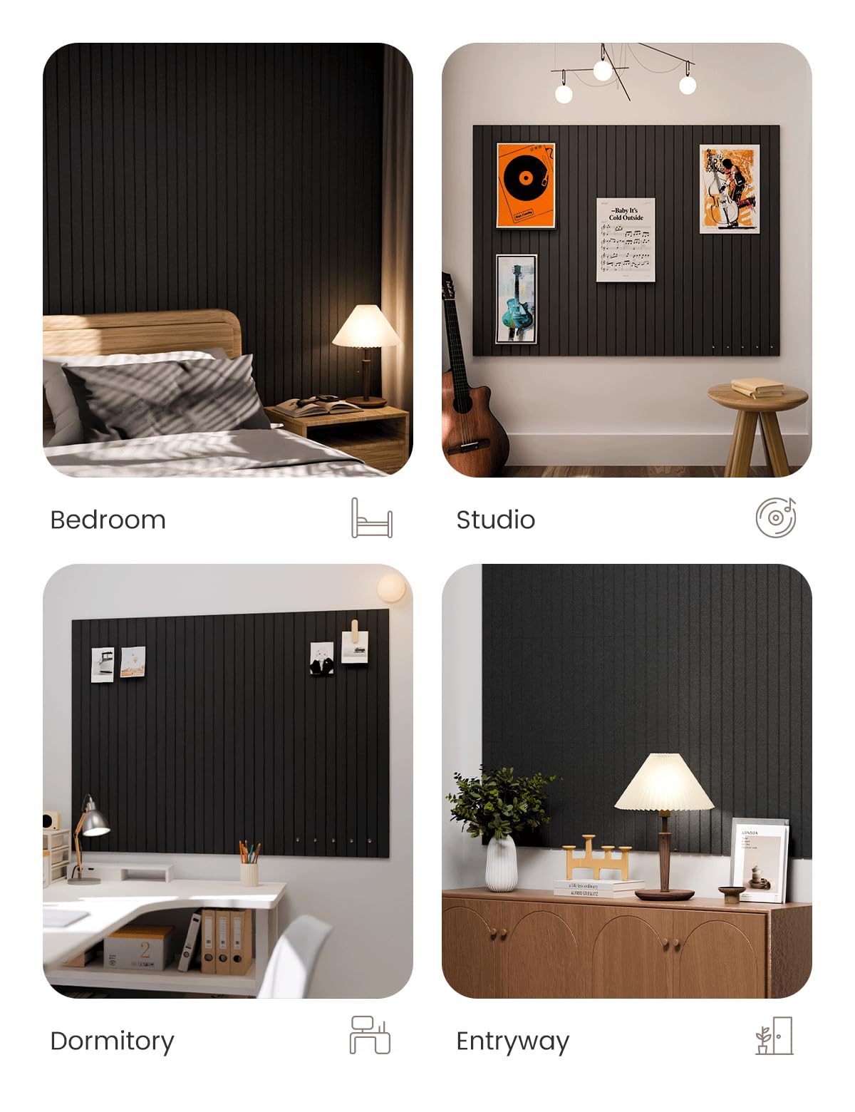 Fluxynara black felt bulletin board surface adds sleek organization.