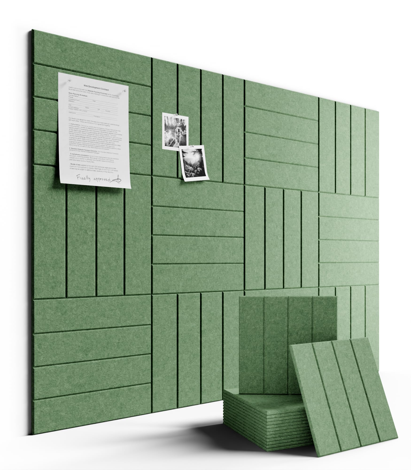 Fluxynara large moss green bulletin board layout with modular tiles for flexible organization.