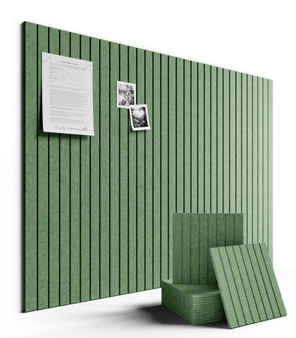 Fluxynara bulletin board tiles in moss green arranged for modular wall organization