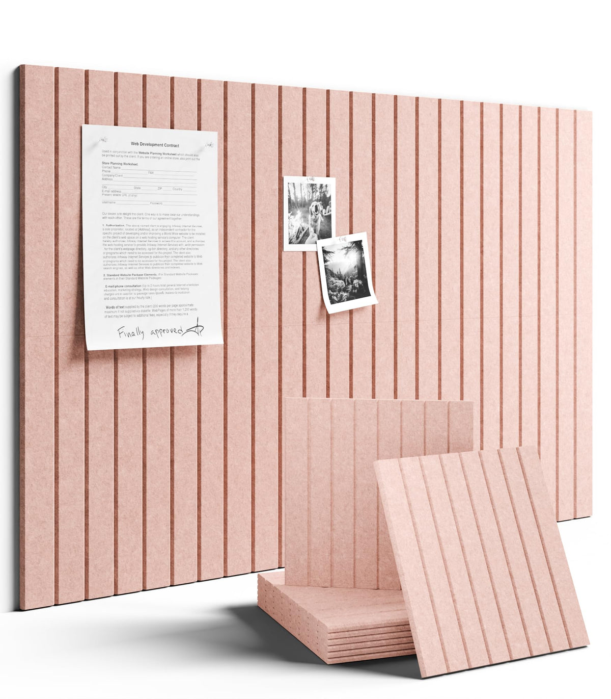 Fluxynara bulletin board tiles arranged on wall for six-tile custom layout.