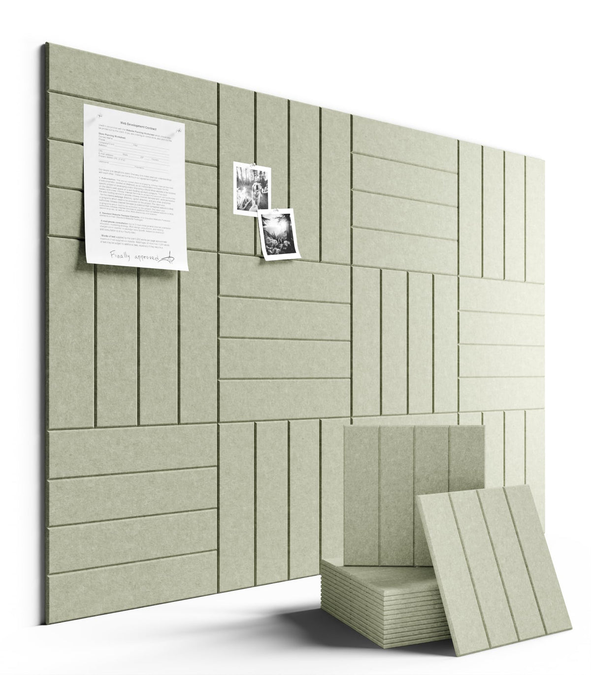 Fluxynara bulletin tiles arranged on wall in a 48x36 layout