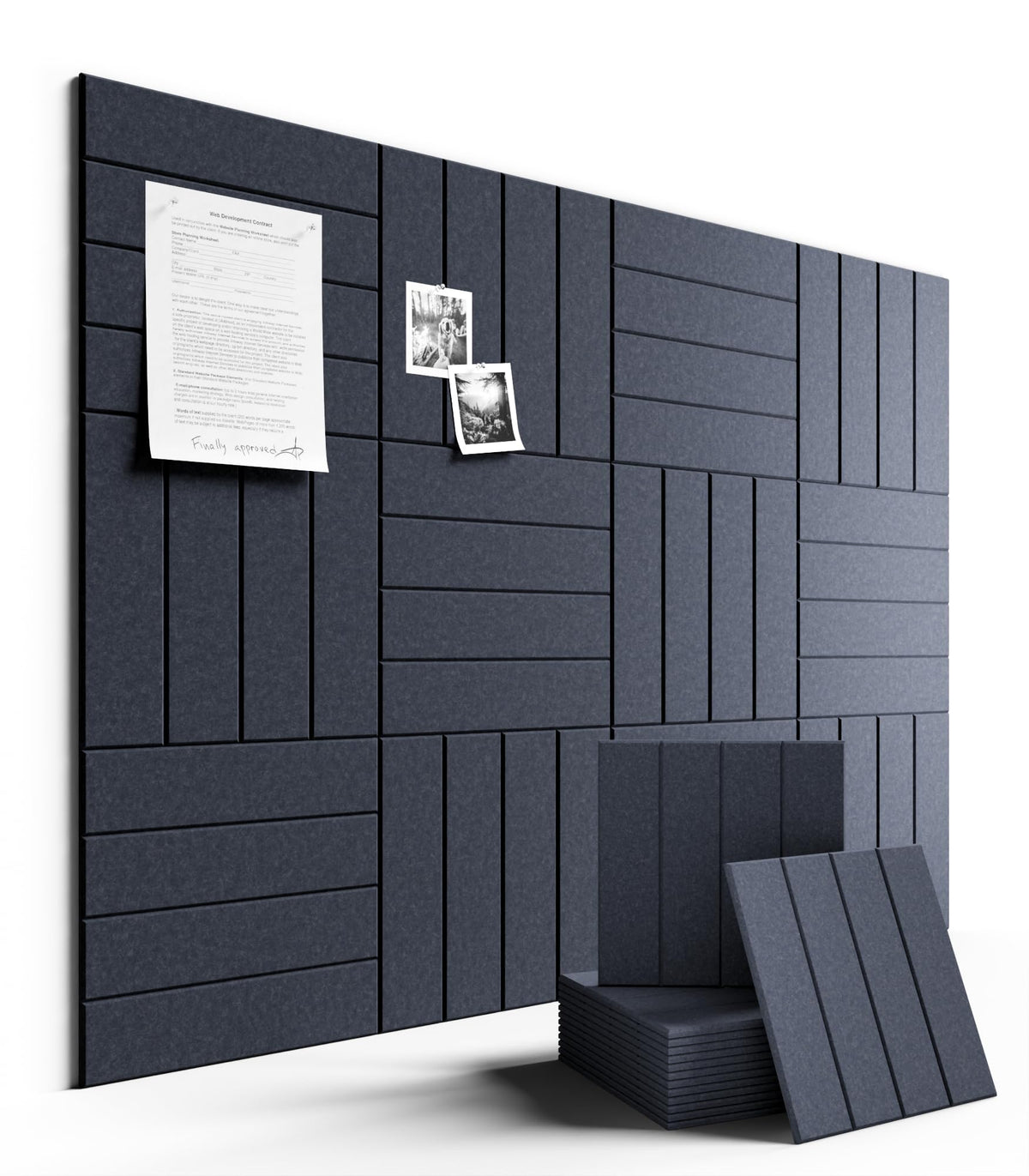 Fluxynara felt bulletin board tiles on a wall for flexible layouts to organize notes.