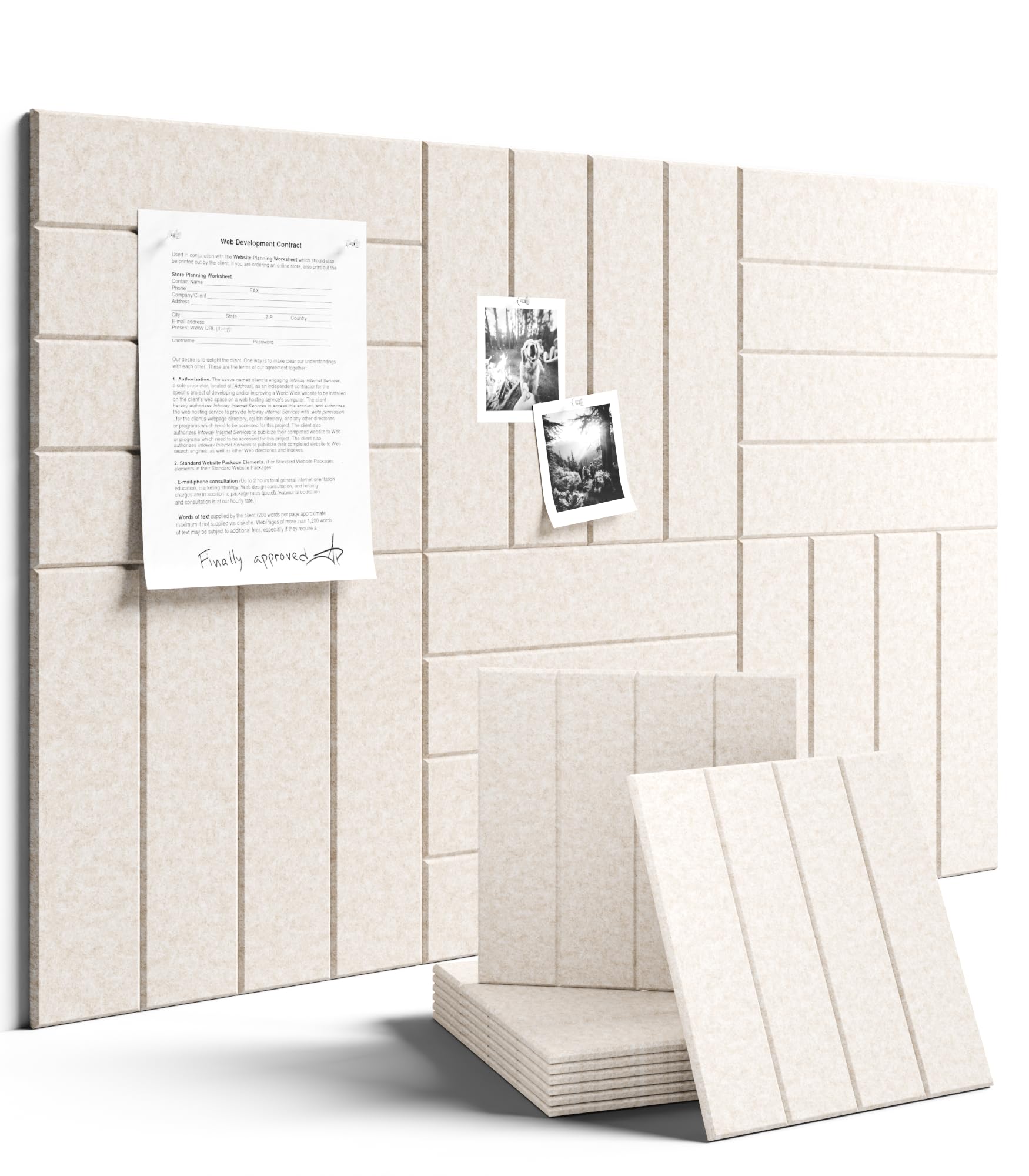Fluxynara felt bulletin tiles enable flexible six-tile layouts for notes and schedules.