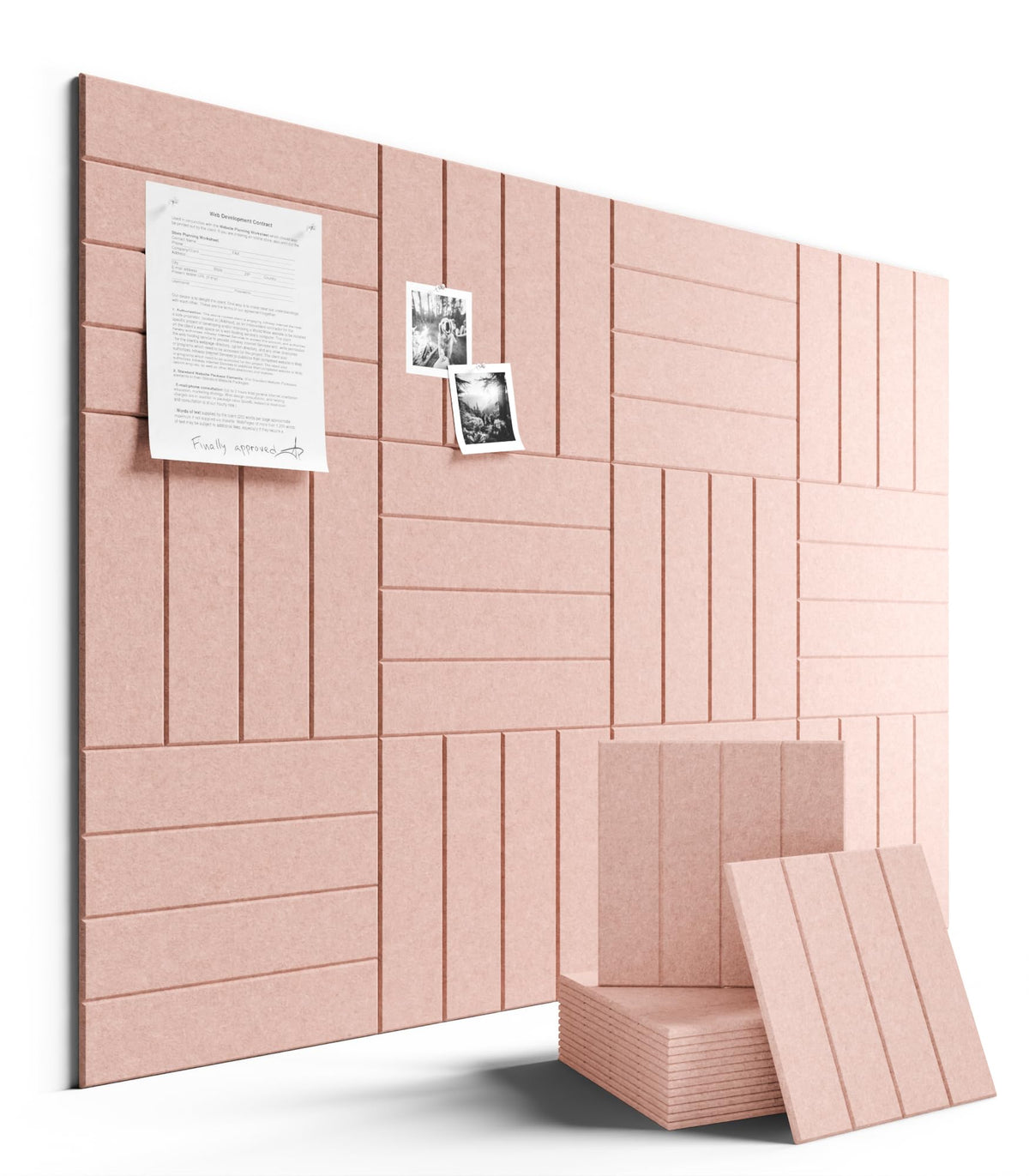 Fluxynara felt bulletin tiles on pink wall layout organize schedules and ideas.