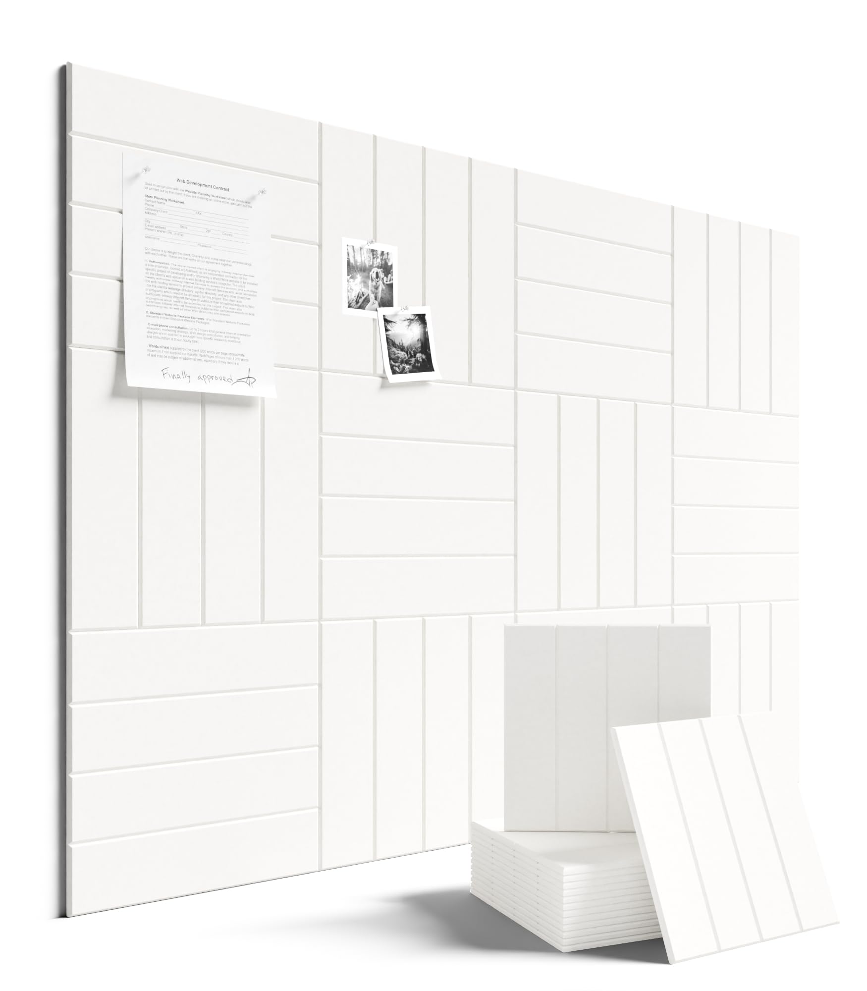 Fluxynara felt bulletin tiles arranged on wall forming a modular organizer.