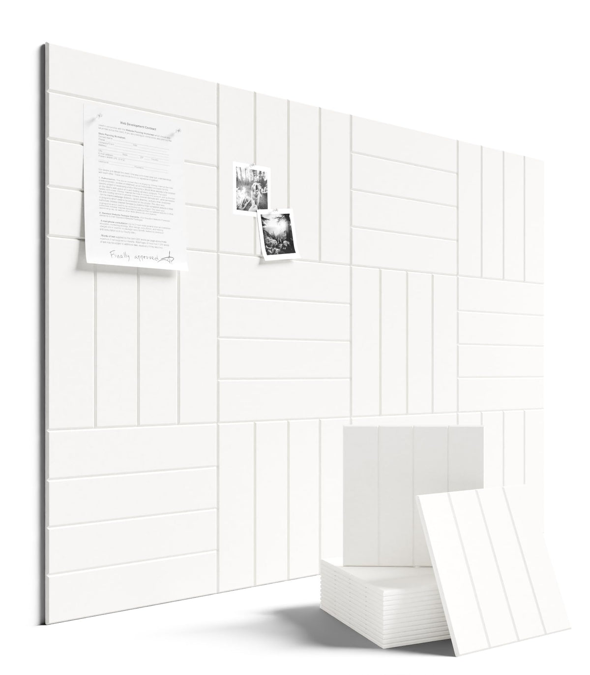Fluxynara felt bulletin tiles arranged on wall forming a modular organizer.