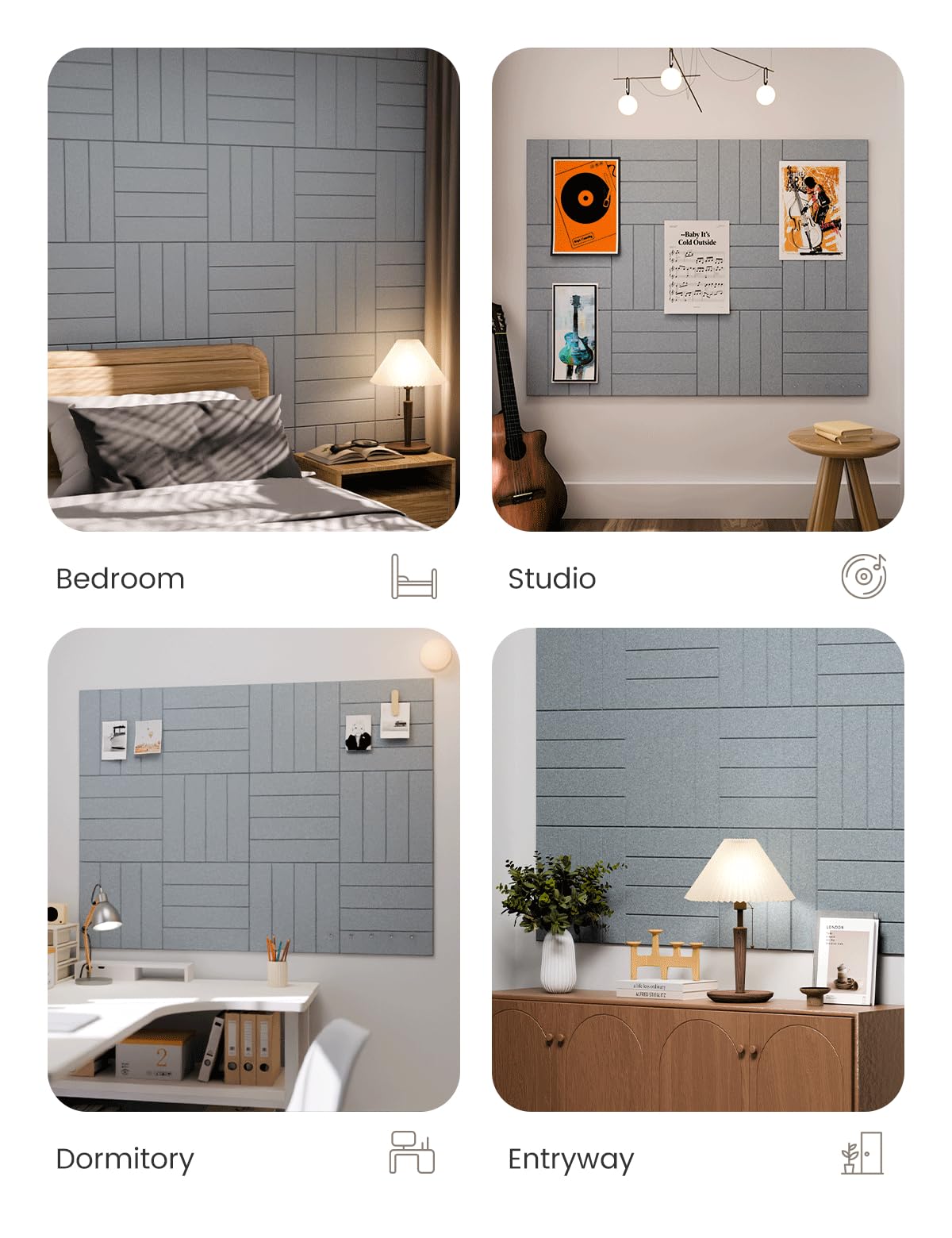 Fluxynara blue-gray felt tiles suit home offices and classrooms.