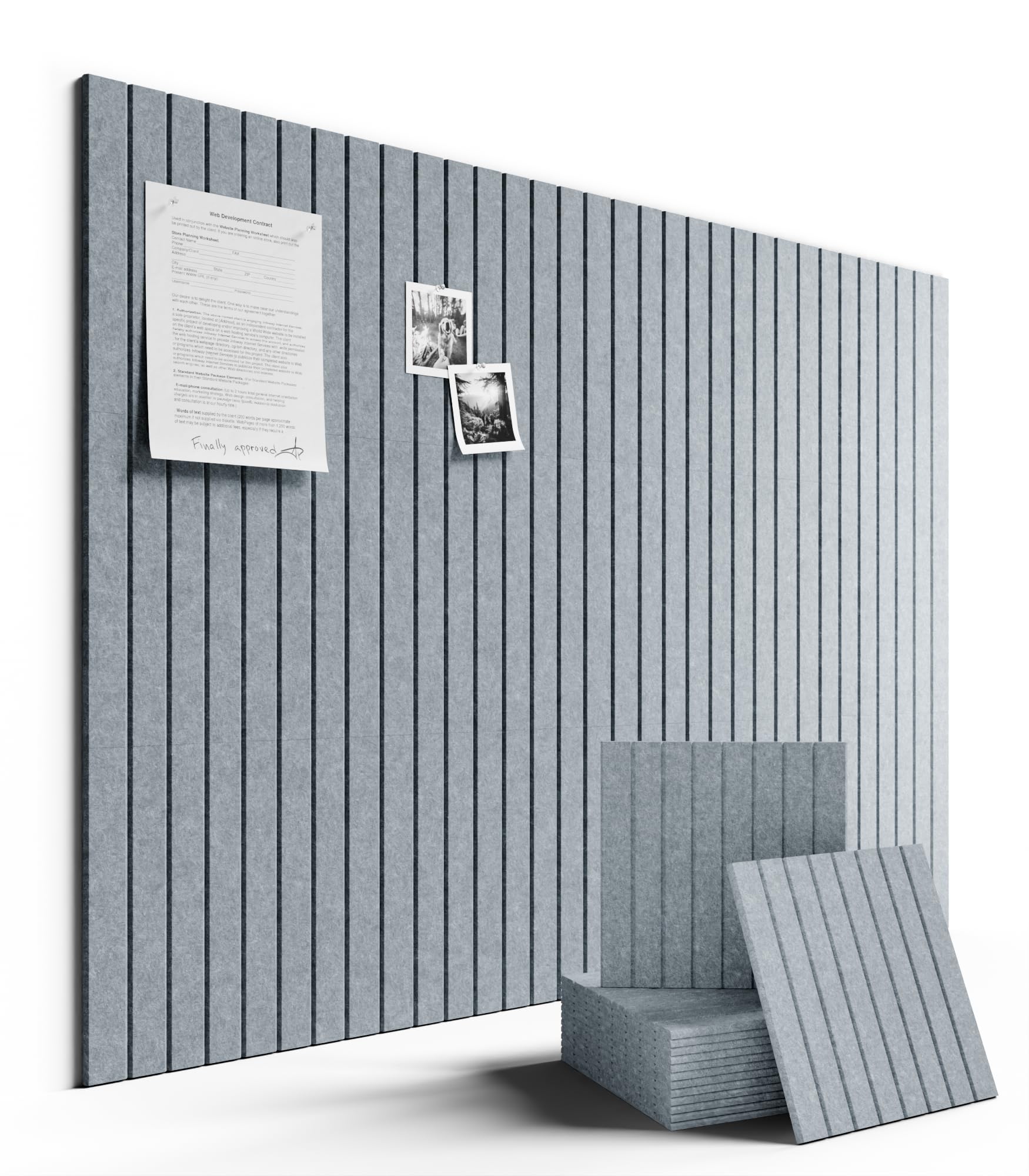 Fluxynara felt tiles arranged in a modular layout for flexible wall organization of notes.