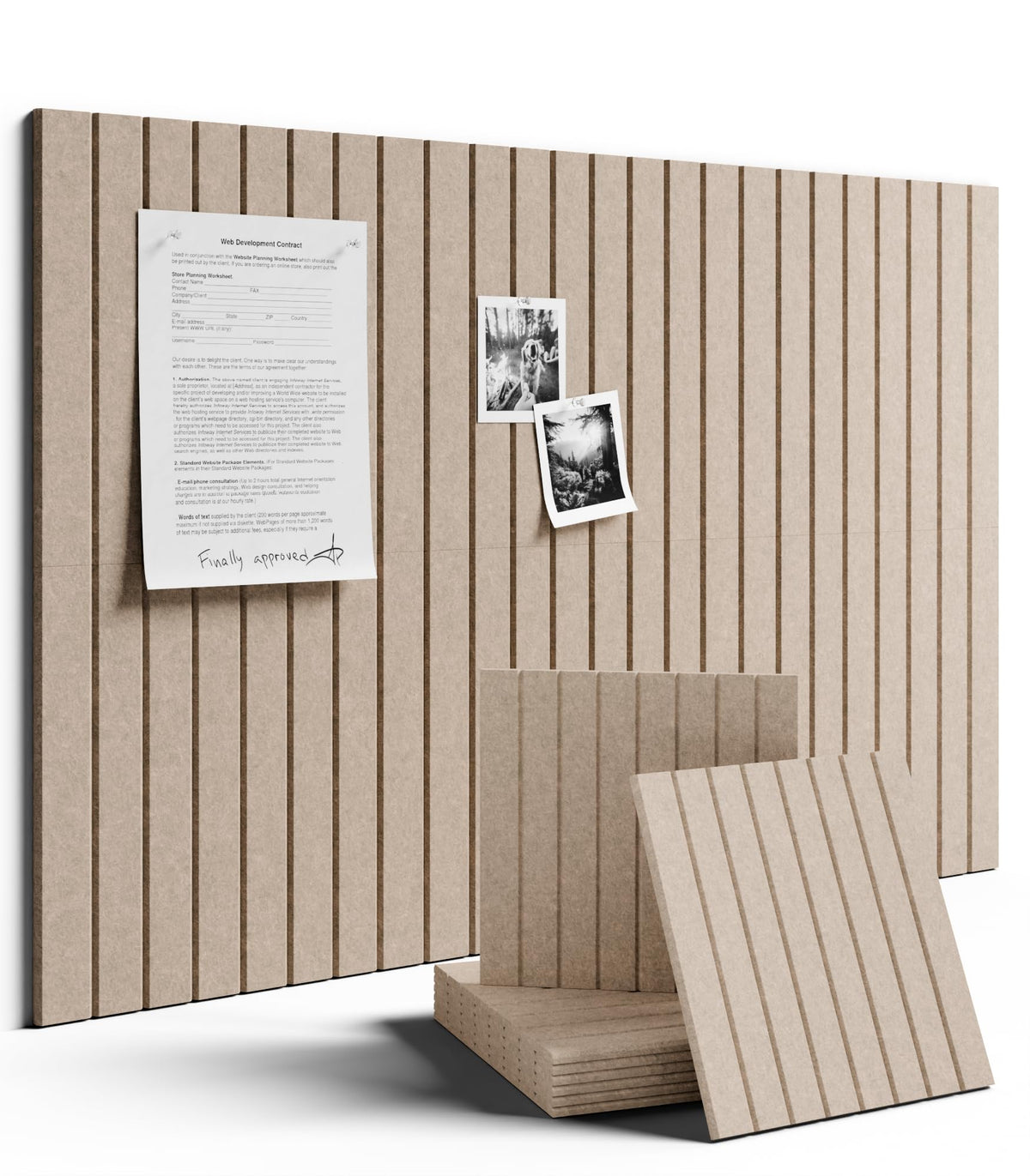 Fluxynara large felt bulletin board tiles arranged on wall in taupe for adaptable layouts.