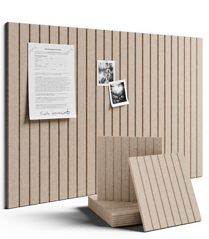 Fluxynara large felt bulletin board tiles arranged on wall in taupe for adaptable layouts.