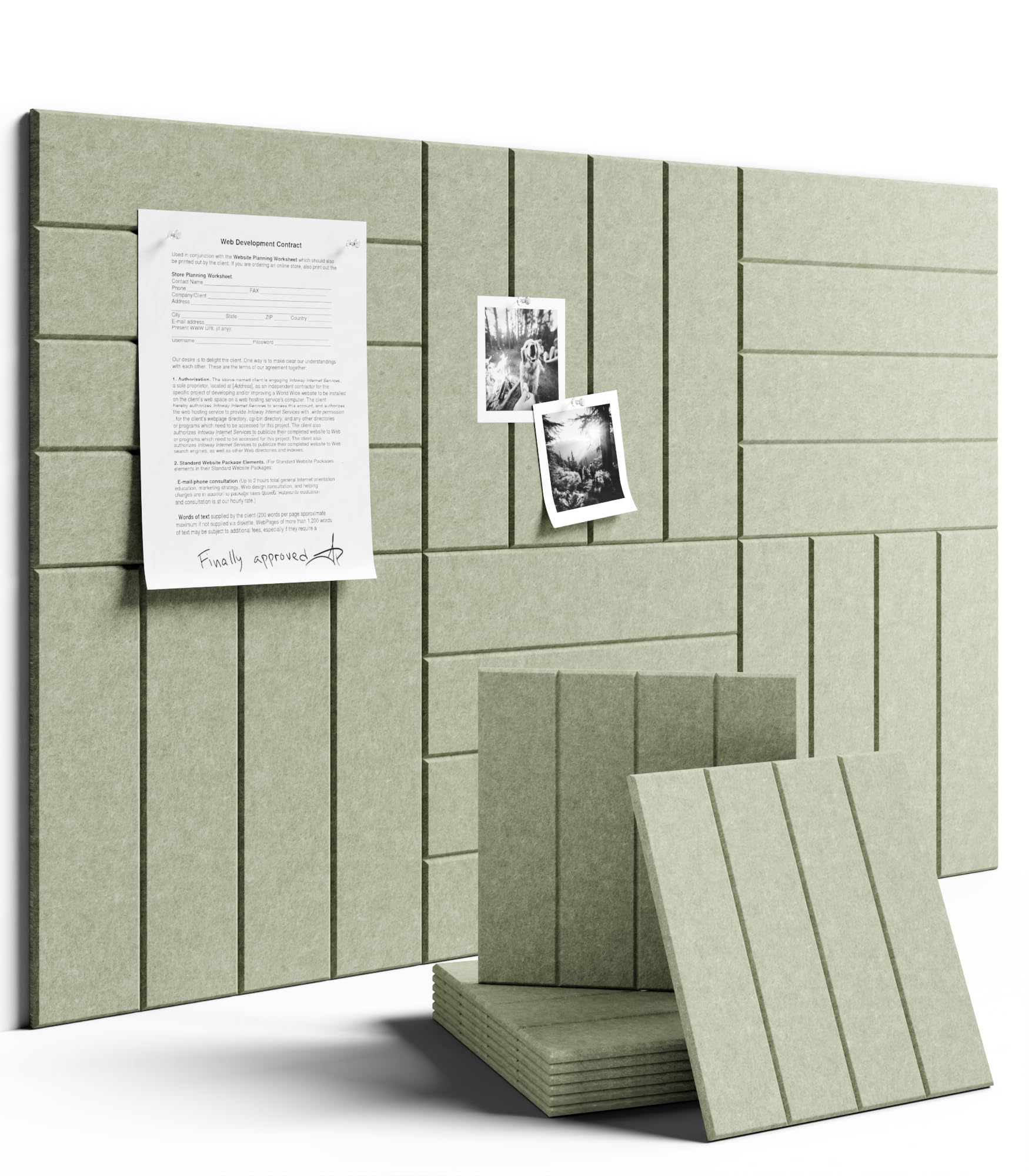 Fluxynara sage-green bulletin tiles six-pack on wall for organized schedules.