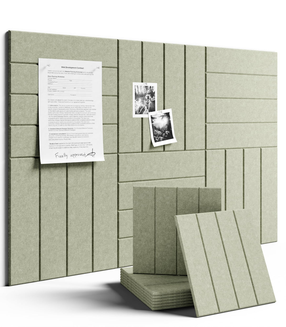Fluxynara sage-green bulletin tiles six-pack on wall for organized schedules.