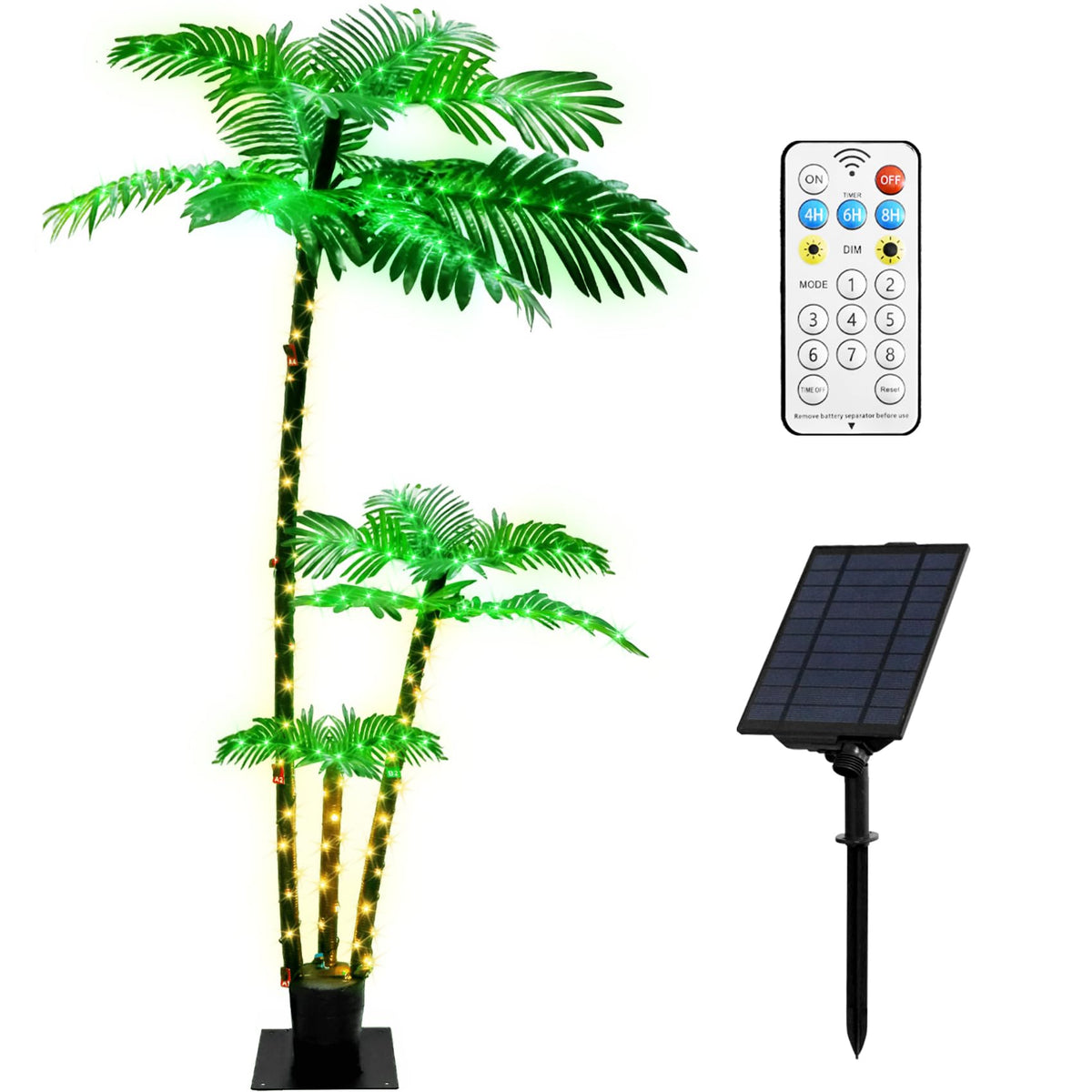 FLVOECN artificial palm tree stands 6ft tall with three trunks for durable outdoor decor.