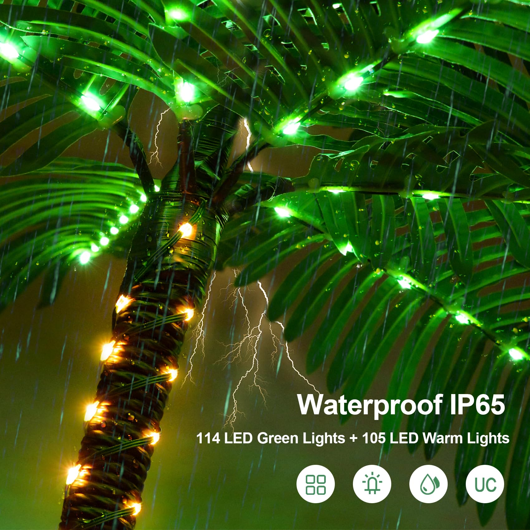 FLVOECN solar-powered palm tree saves energy while illuminating outdoor spaces.