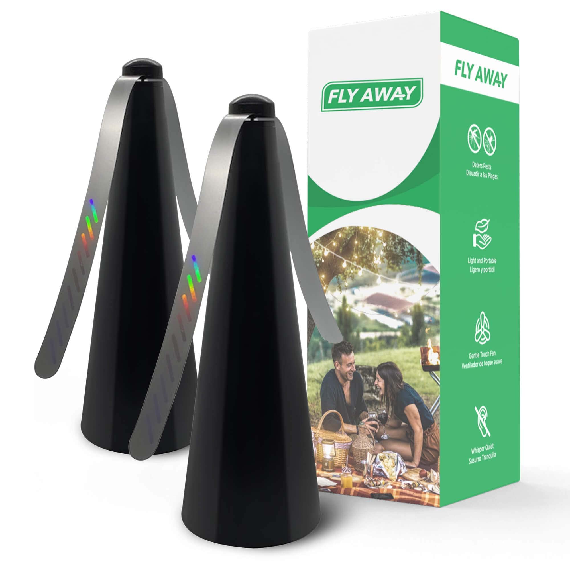 Fly Away 2-pack outdoor fly repellent fan on a table for pest-free dining.