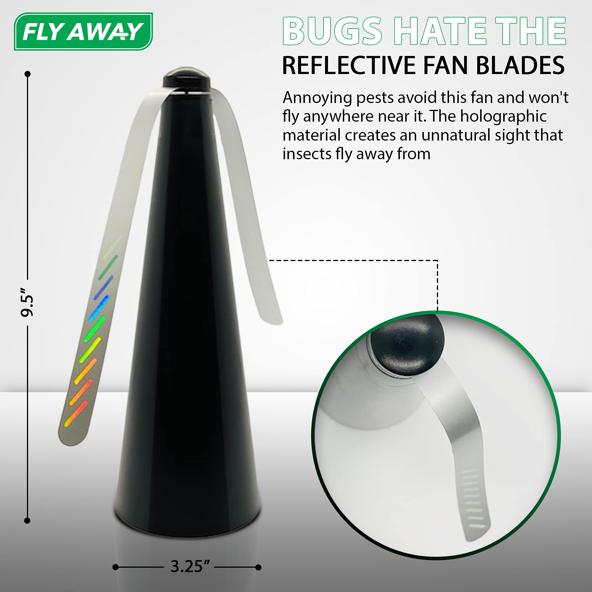 Fly Away battery-operated fan shown outdoors for versatile use.