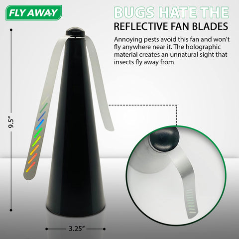 Fly Away battery-operated fan shown outdoors for versatile use.