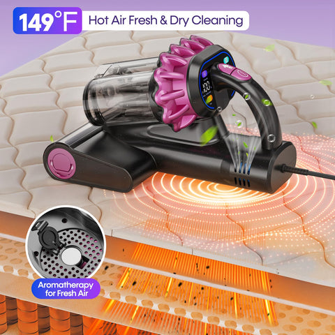 Flybroom UV-C light and ultrasonic action target embedded dust in fabrics.